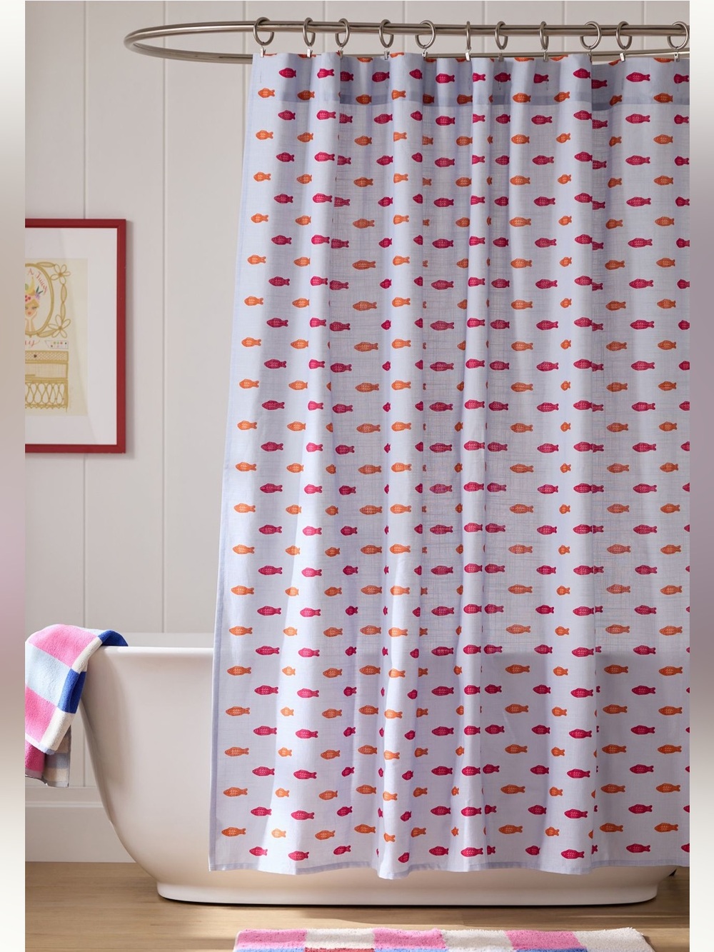 🐟Anthropologie Printed Shower Curtain Organic Cotton New Blue Candy Fish Red